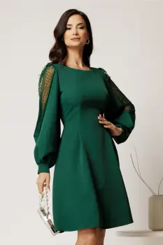 Rochie DY Fashion scurta verde din stofa in clini cu maneci din tull cu buline imagine