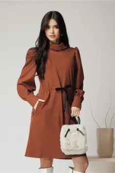 Rochie DY Fashion smart-casual din jerse maro cu snur in talie imagine