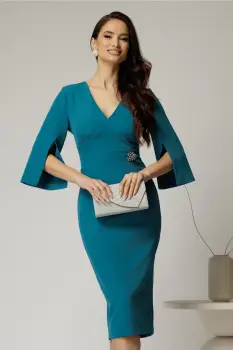 Rochie DY Fashion turcoaz conica cu maneci crapate si brosa detasabila imagine