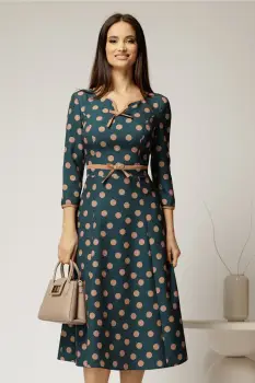 Rochie DY Fashion turcoaz cu buline cu decupaj si funda la decolteu imagine