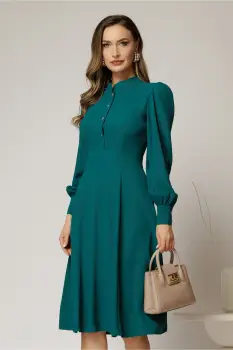 Rochie DY Fashion turcoaz din triplu voal cu guler tunica si nasturi tip floare imagine