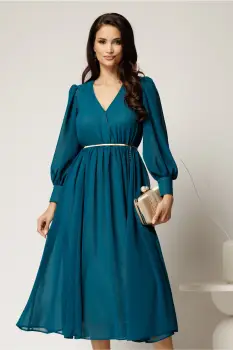 Rochie DY Fashion turcoaz din voal cu decolteu petrecut si curea in taIie imagine