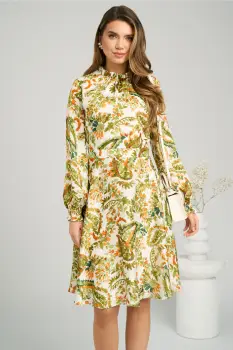 Rochie DY Fashion vaporoasa din voal cu imprimeuri florale verzi si orange imagine