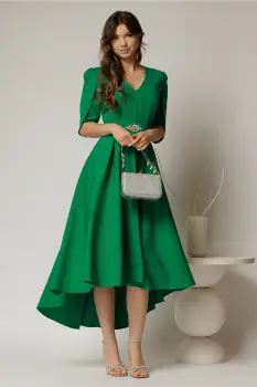 Rochie DY Fashion verde asimetrica cu maneci lalea si aplicatie pe talie imagine