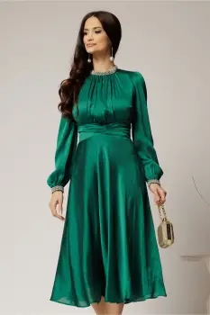 Rochie DY Fashion verde crud din voal cu perle la guler si maneci imagine