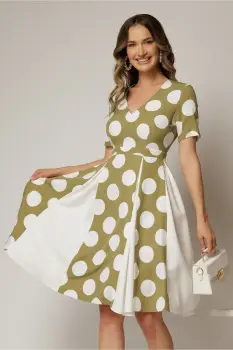 Rochie DY Fashion verde cu buline mari si pliuri ample in contrast imagine