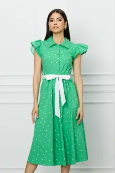 Rochie DY Fashion verde cu buline si cordon in talie imagine
