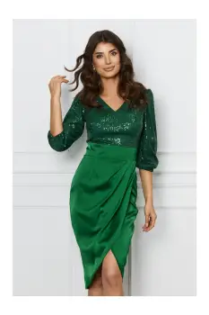 Rochie Dy Fashion verde cu paiete la bust si fusta din satin imagine
