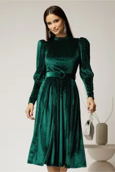 Rochie DY Fashion verde din catifea cu glitter argintiu imagine