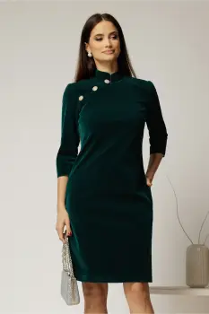 Rochie DY Fashion verde din catifea fixa cu guler tunica si nasturi imagine