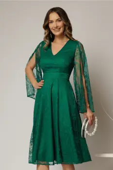 Rochie DY Fashion verde din dantela cu maneci lungi crapate si decolteu in V imagine