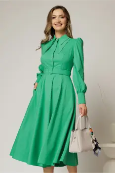 Rochie DY Fashion verde din poplin cu guler dublu si curea in talie imagine