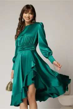 Rochie DY Fashion verde din satin plin cu croi asimetric imagine