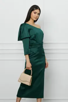 Rochie DY Fashion verde din tafta cu funda pe umar imagine