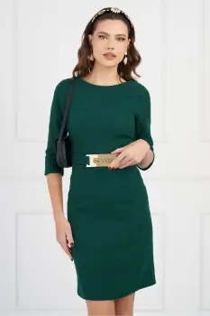 Rochie DY Fashion verde din tweed cu catarama si strasuri in talie imagine
