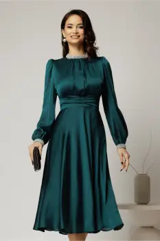 Rochie DY Fashion verde din voal cu perle la guler si maneci imagine