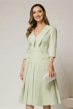 Rochie DY Fashion verde fistic cu decolteu cu guler ascutit si fusta plisata imagine