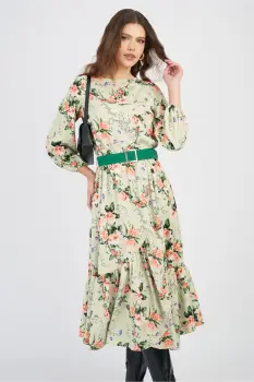 Rochie DY Fashion verde fistic cu imprimeu floral orange si curea in talie imagine