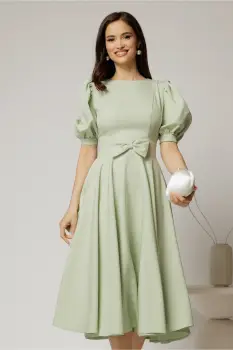 Rochie DY Fashion verde fistic din stofa in clos cu funda in talie imagine