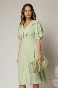 Rochie DY Fashion verde fistic in clini cu guler ascutit si maneci scurte bufante imagine