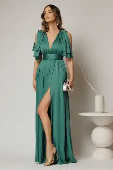 Rochie DY Fashion verde lunga de seara cu decolteu adanc si funde ample imagine