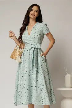 Rochie DY Fashion verde menta cu buline cu decolteu petrecut si cordon in talie imagine