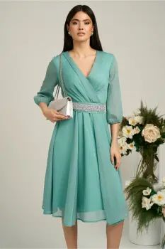Rochie Dy Fashion verde menta din voal cu fir stralucitor si cordon imagine