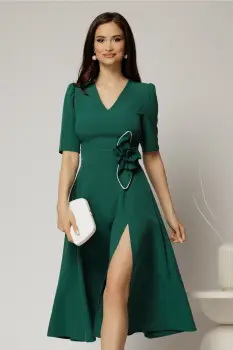 Rochie DY Fashion verde midi cu detaliu floral pe talie si decolteu in V imagine