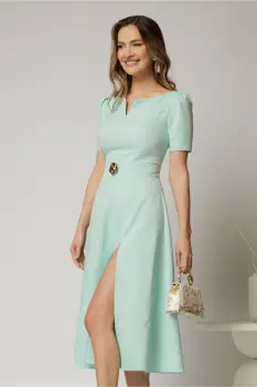 Rochie DY Fashion verde mint midi cu detaliu talie si decupaj la decolteu imagine