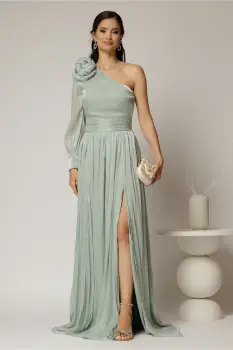 Rochie DY Fashion verde mint pe un umar cu detaliu floral amplu din voal peliculizat imagine