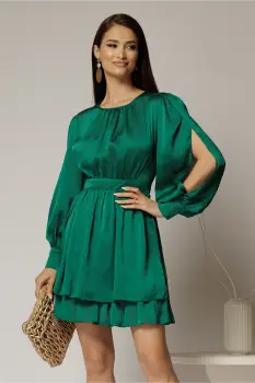 Rochie DY Fashion verde scurta din voal cu manecile sparte si fusta suprapusa imagine