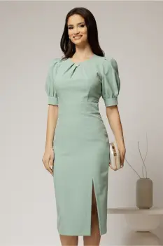 Rochie DY Fashion vernil conica cu maneci bufante scurte si detaliu la decolteu imagine