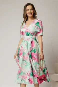 Rochie DYFashion midi clos cu funda pe umar si print verde si fucsia imagine