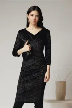 Rochie eleganta din catifea neagra cu imprimeu maro imagine