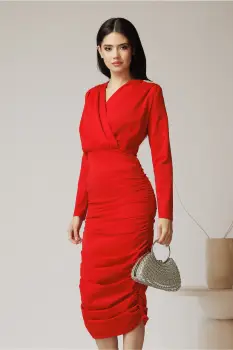 Rochie eleganta din lycra rosie cu fronseuri pe fusta si aplicatii pe umeri imagine