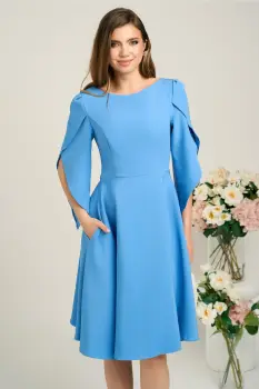 Rochie eleganta din stofa bleu cu maneci evazate petrecute imagine