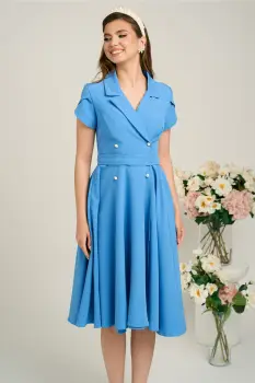 Rochie eleganta din stofa bleu cu nasturi si cordon decorativ in talie imagine