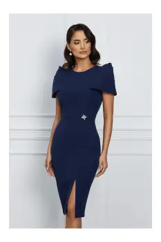 Rochie eleganta din stofa bleumarin cu umeri bufanti imagine