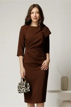 Rochie eleganta din stofa maro cu funda maxi pe umar si fronseu in talie imagine