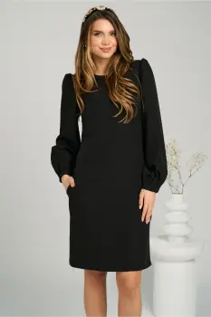 Rochie eleganta din stofa neagra cu funda la spate imagine