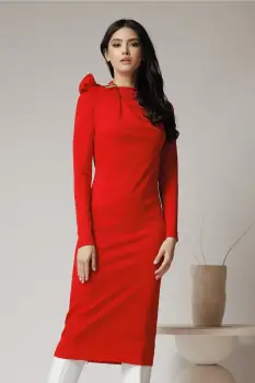 Rochie eleganta din stofa rosie cu brosa si funda la umar imagine