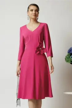 Rochie eleganta din triplu voal fucsia cu floare maxi in talie imagine
