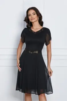 Rochie eleganta din voal neagra cu glitter auriu in talie si la decolteu imagine