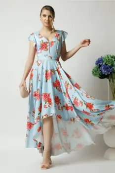 Rochie eleganta lunga din tafta bleu cu imprimeu si cordon in talie imagine