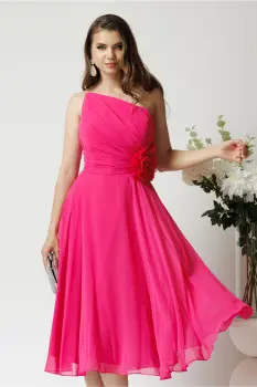 Rochie eleganta midi din voal fucsia cu floare in talie imagine