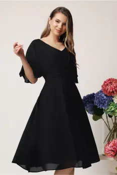 Rochie eleganta vaporoasa din voal neagra cu pliuri pe talie imagine