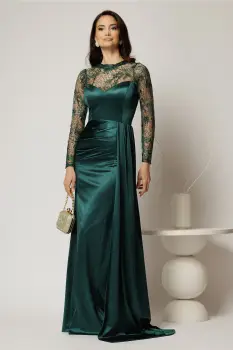 Rochie eleganta verde lunga de seara din lycra si dantela la bust si maneci imagine