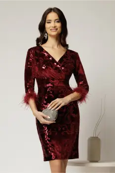 Rochie Eliza eleganta bordo din catifea cu paiete si pene la maneci imagine