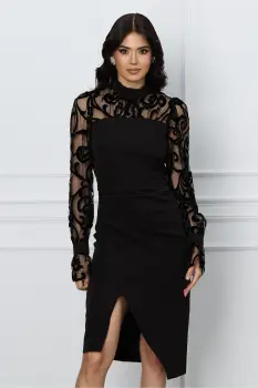 Rochie Ella Collection Adeia neagra cu insertii catifelate pe maneci imagine