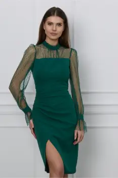 Rochie Ella Collection Adena verde cu insertii catifelate pe maneci imagine